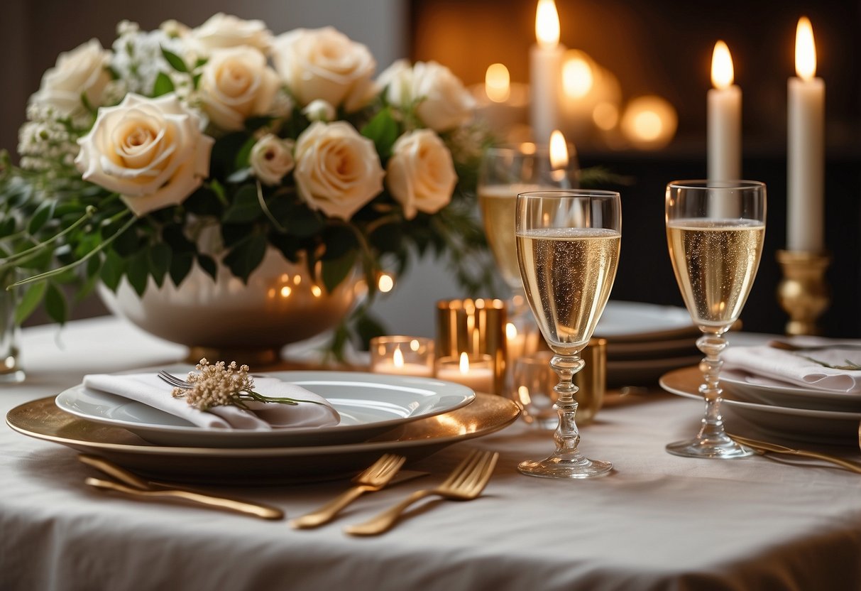 A beautifully set dinner table with champagne, flowers, and candles. A card with "Congratulations on your marriage" sits beside a gift