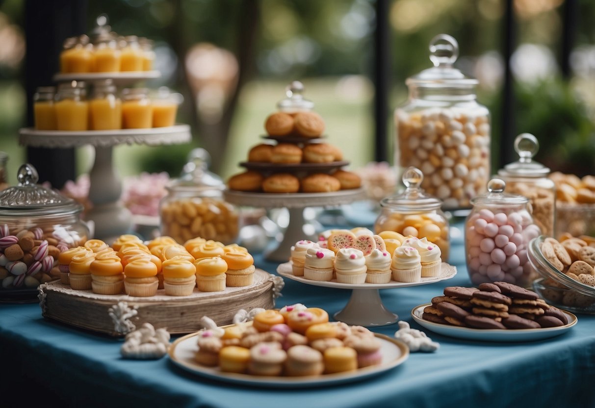 A table adorned with assorted sweet treats, candies, and desserts, elegantly displayed with decorative jars, labels, and ribbons for a wedding gift station