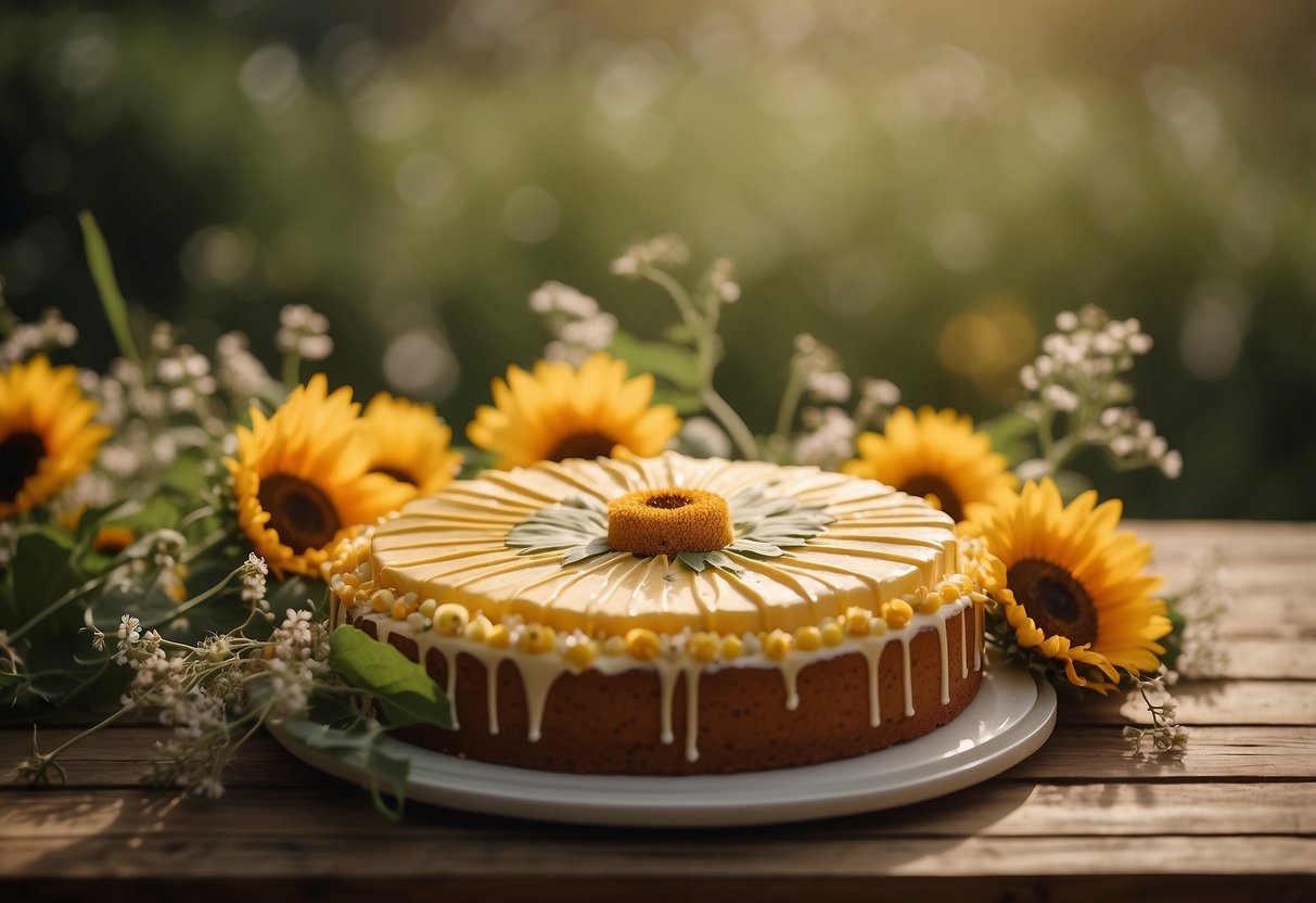 A sunflower rustic cake sits on a wooden table, surrounded by wildflowers and greenery. The cake is adorned with sunflower decorations and has a simple, natural aesthetic