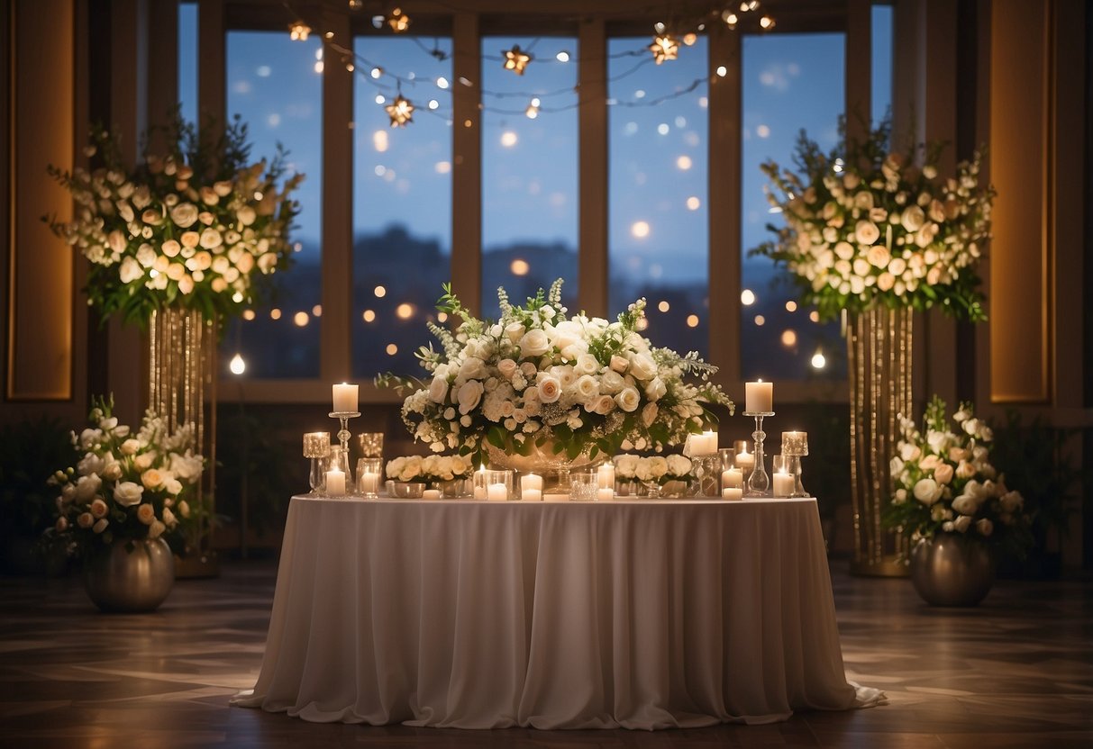 A beautifully decorated wedding gift table sits in the center of the reception hall, adorned with elegant floral arrangements and surrounded by twinkling fairy lights