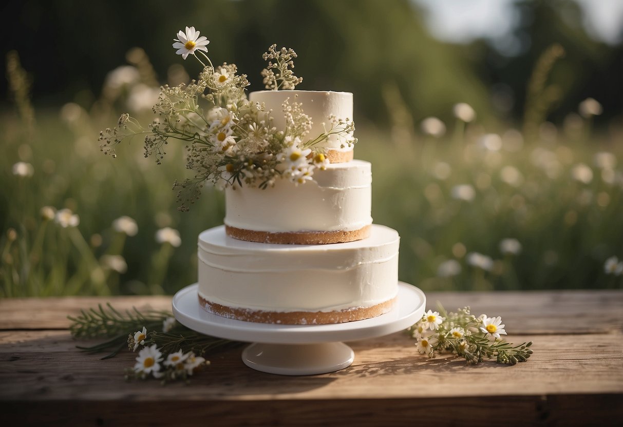 A wooden table adorned with wildflowers and a simple, elegant rustic wedding cake with textured icing and delicate floral accents