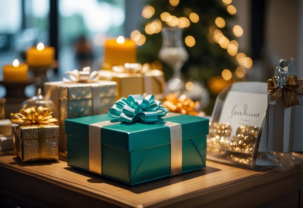 A decorated gift table with a secure lockbox, organized gift bags, and a sign for guests to leave their presents