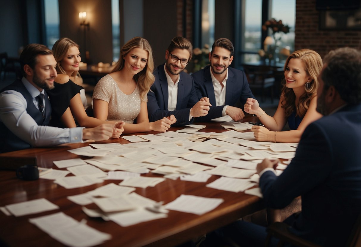 A group of wedding guests brainstorming and discussing different name ideas for their wedding group, surrounded by a table covered in papers and pens