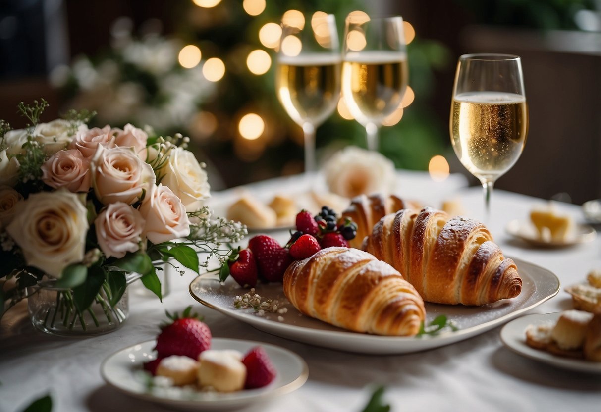 A table adorned with fresh flowers, Italian pastries, and sparkling wine. Guests laugh and mingle, writing well wishes to the happy couple