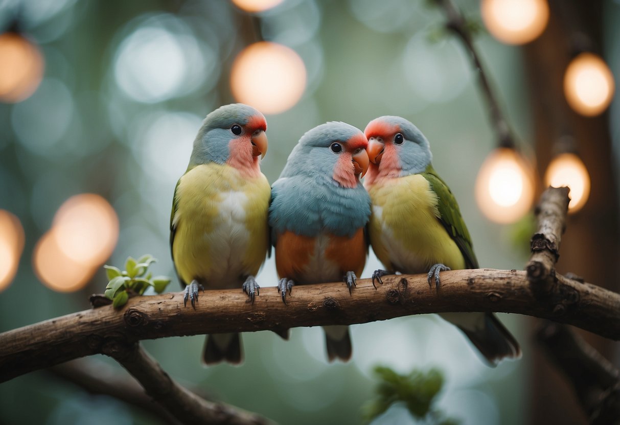 A group of lovebirds perched on a tree branch, surrounded by romantic wedding-themed props and decorations