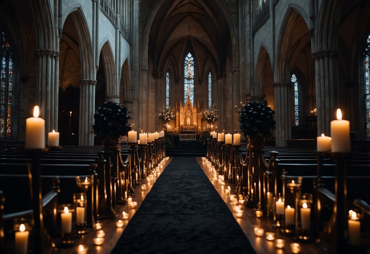 A gothic cathedral adorned with black roses and candles, a black velvet aisle runner leading to a black altar with eerie, dim lighting