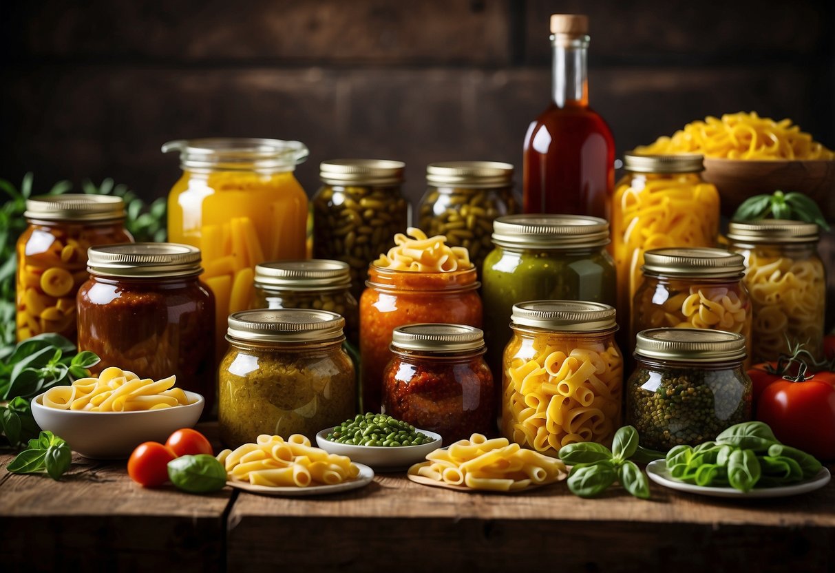 A colorful array of pasta shapes, sauces, and toppings are arranged on a rustic table, surrounded by jars of fresh herbs and bottles of olive oil