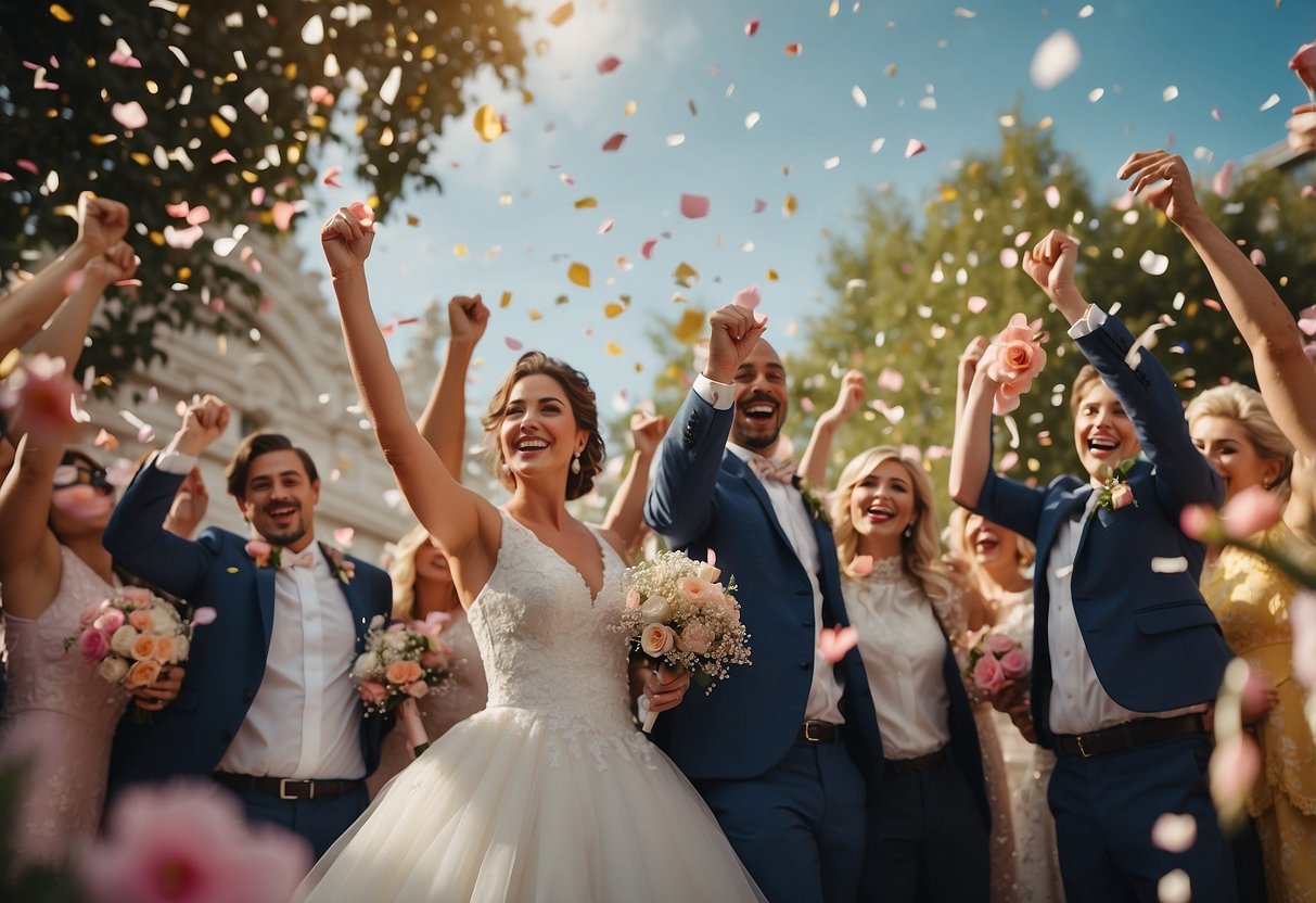 A group of joyful characters celebrate a wedding with a banner reading "Happily Ever After Crew" surrounded by flowers and confetti