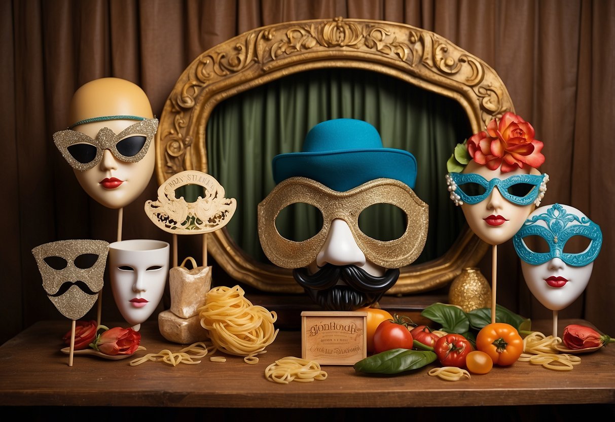 A photo booth adorned with Italian props for a wedding shower. Masks, hats, and props like gondolas and pasta are displayed