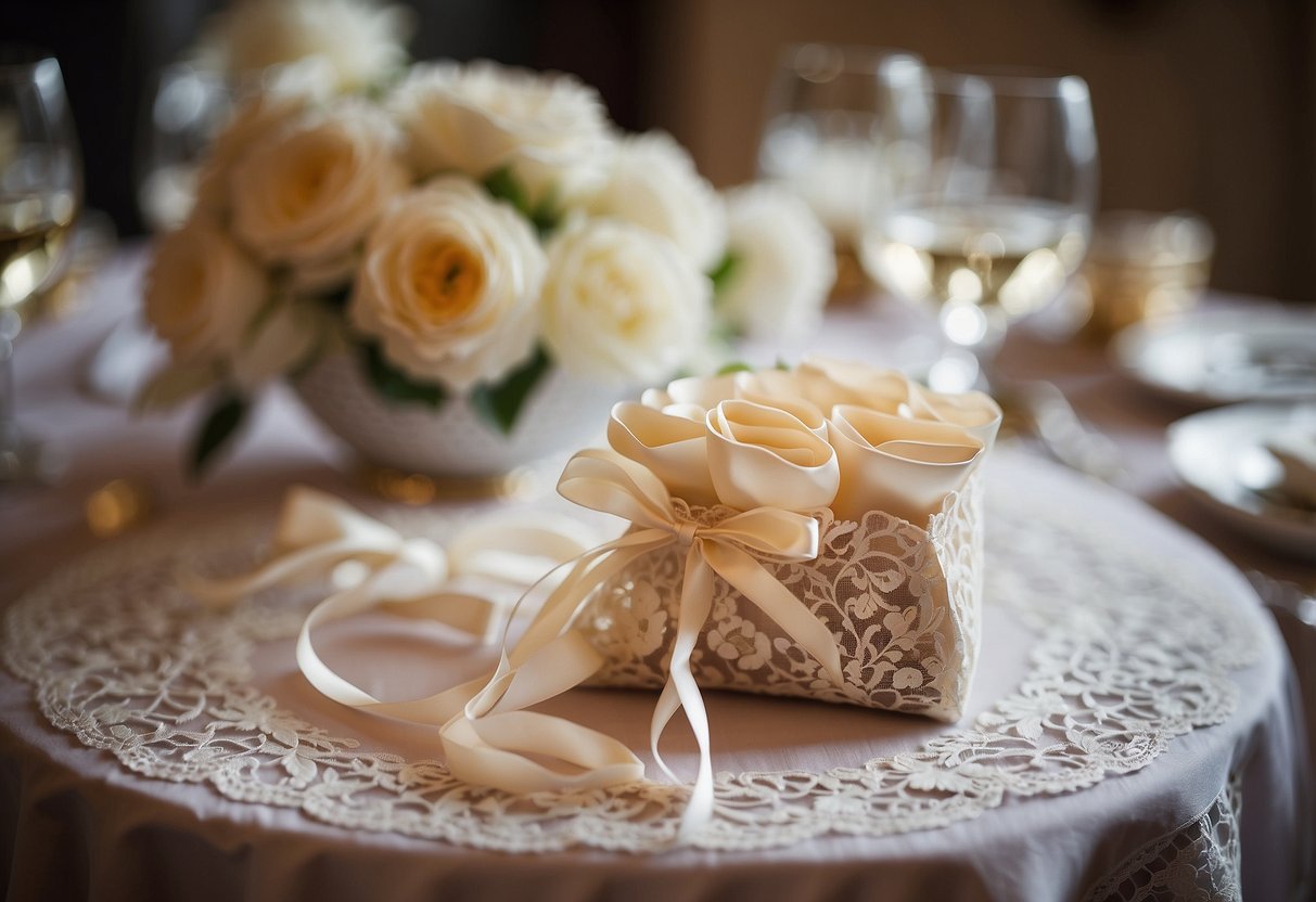 Elegant Bomboniere displayed on a table with lace, flowers, and ribbons. Traditional Italian wedding shower favors