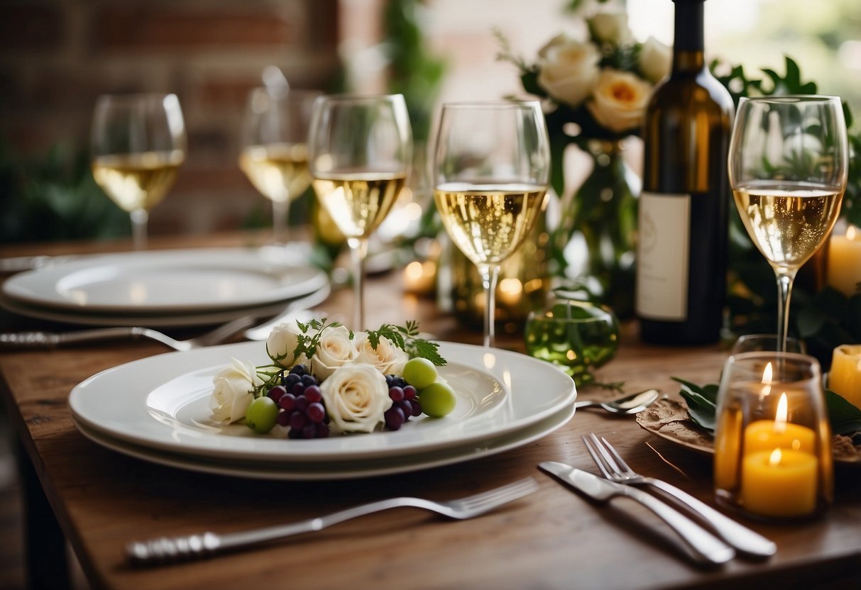 A table set with personalized wine bottles, surrounded by Italian wedding shower decor and traditional elements