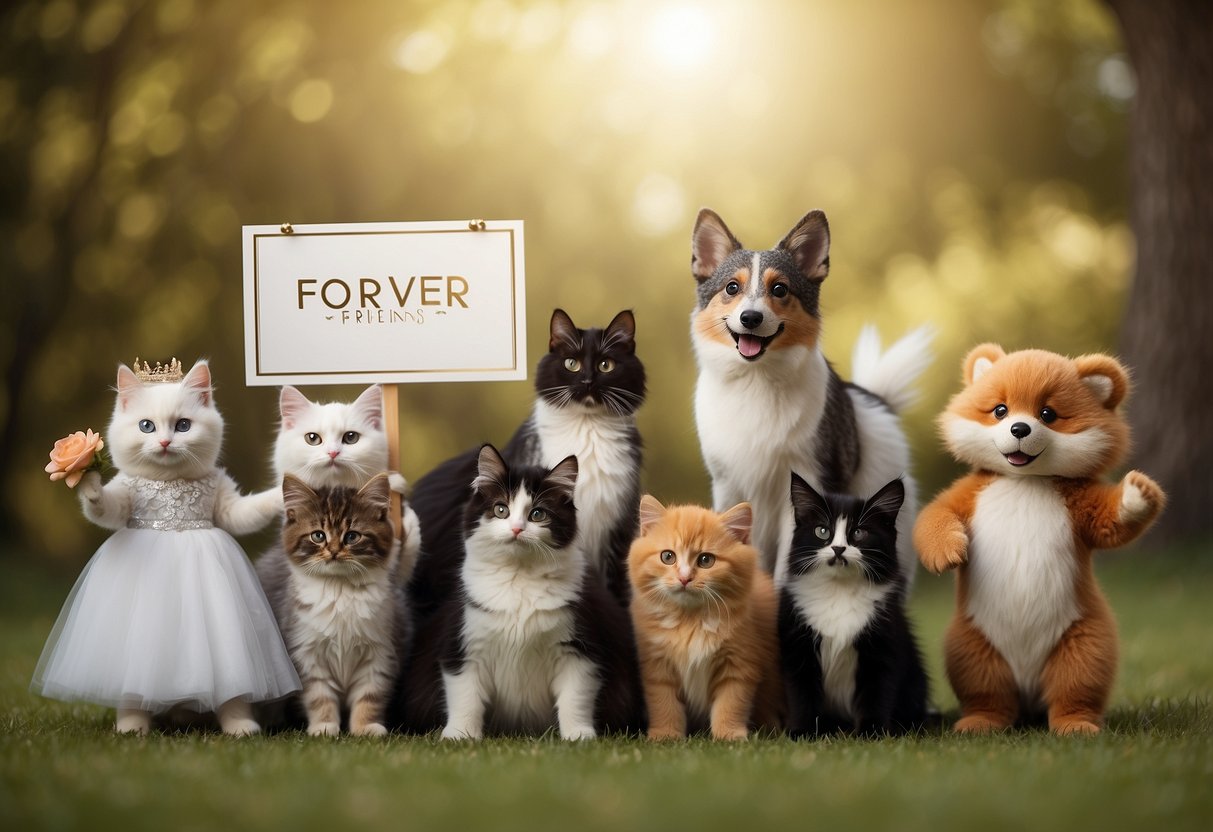 A group of diverse animals celebrate a wedding, holding a sign with "Forever Friends" written in elegant script