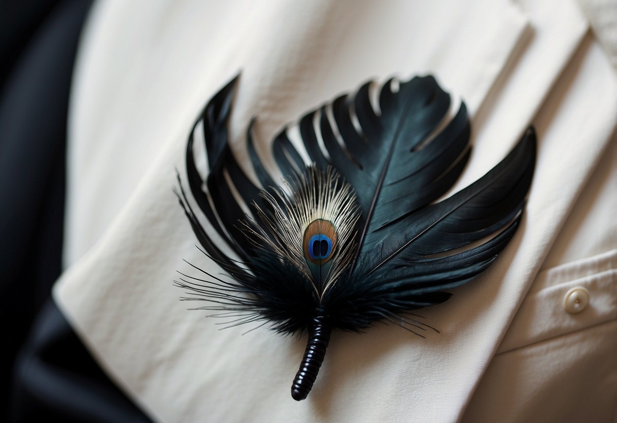 A sleek black raven feather boutonnière adorns a crisp white lapel, adding a touch of dark elegance to a wedding ensemble