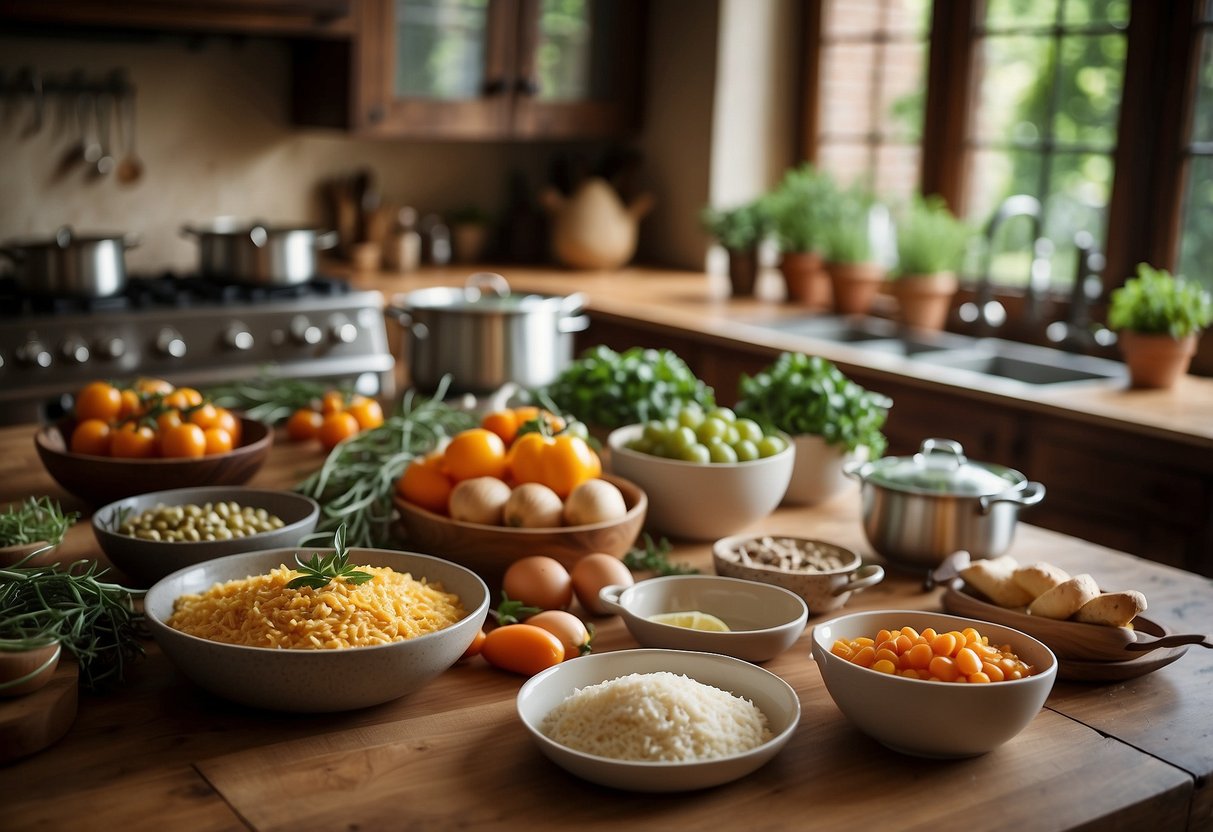 A table set with pots, pans, and ingredients for a family recipe cook-off. Italian decor and wedding shower themes add to the festive atmosphere