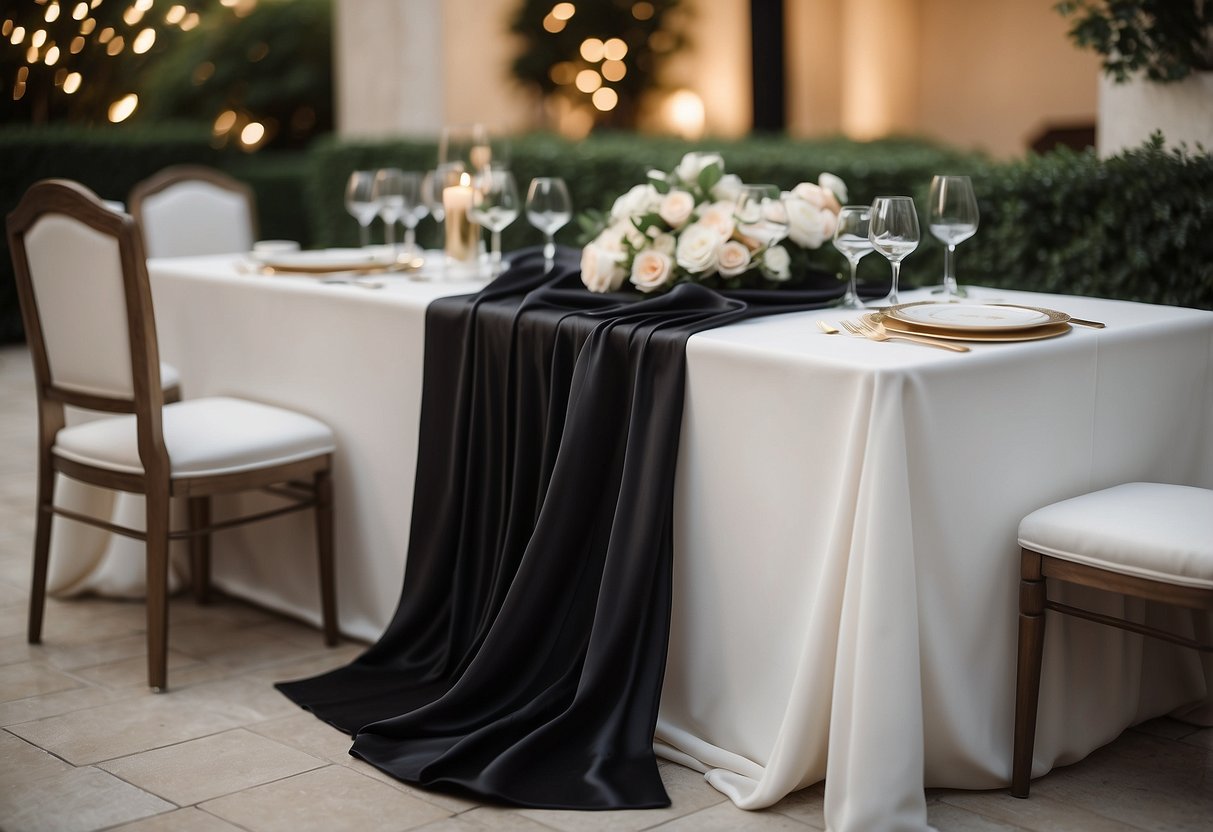 A sleek black silk table runner drapes across a white table, adding a touch of elegance to a wedding reception