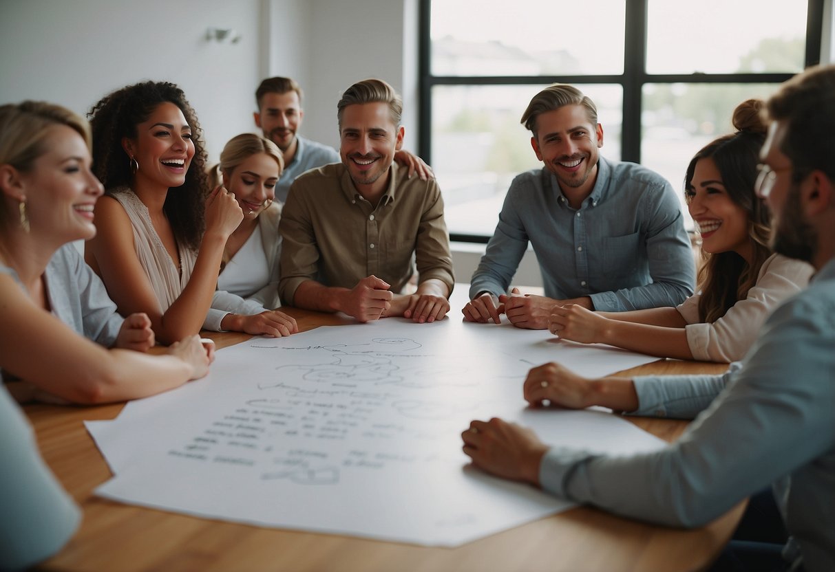 A group of people gathered in a circle, brainstorming and sharing ideas for wedding group names. Laughter and excitement fill the room as they jot down suggestions on a whiteboard