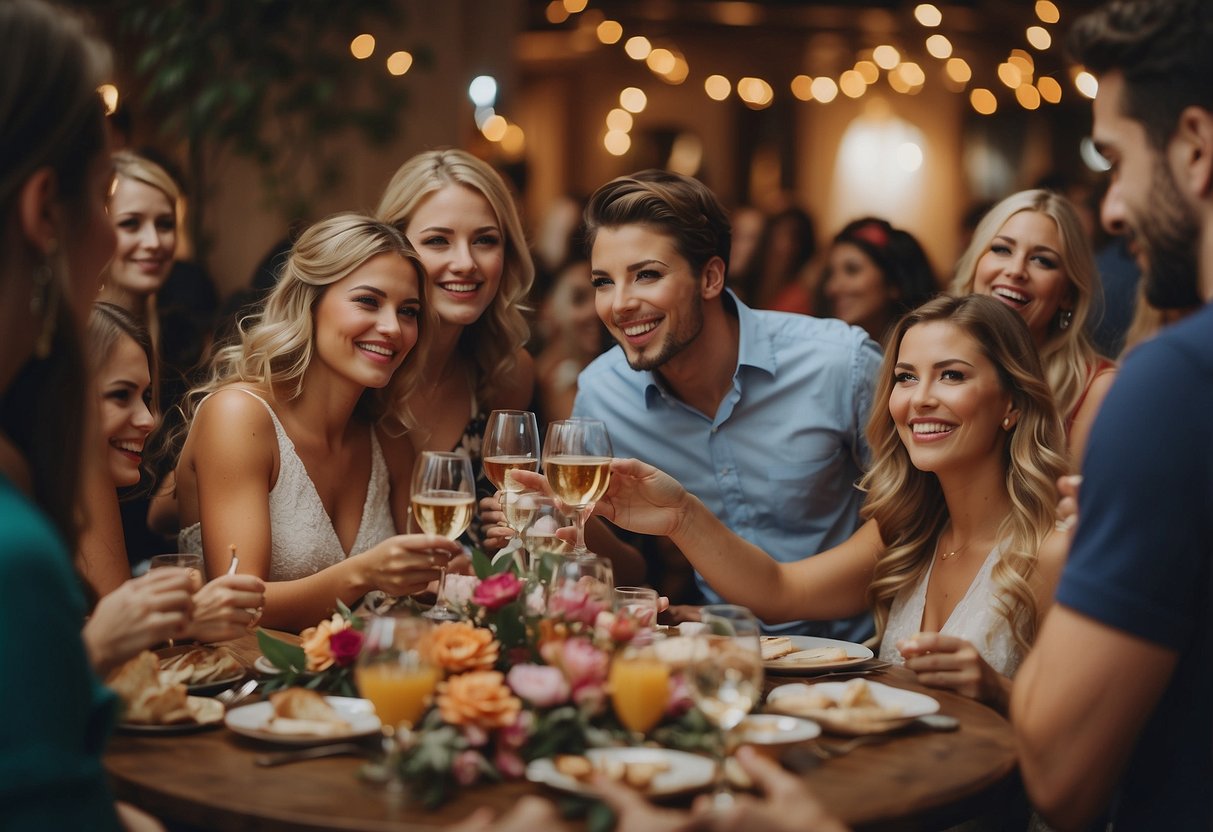 A group of joyful wedding guests brainstorming names, surrounded by colorful decorations and a celebratory atmosphere