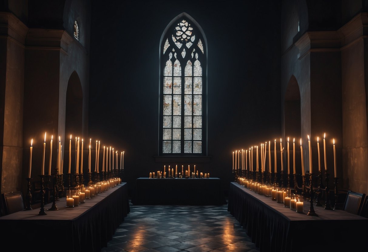 A dimly lit room with midnight black candles casting eerie shadows, setting the stage for a gothic wedding scene