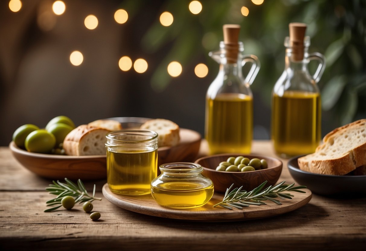 A table set with various bottles of olive oil, accompanied by small tasting cups and bread for dipping. A rustic Italian backdrop with greenery and hanging lights completes the scene