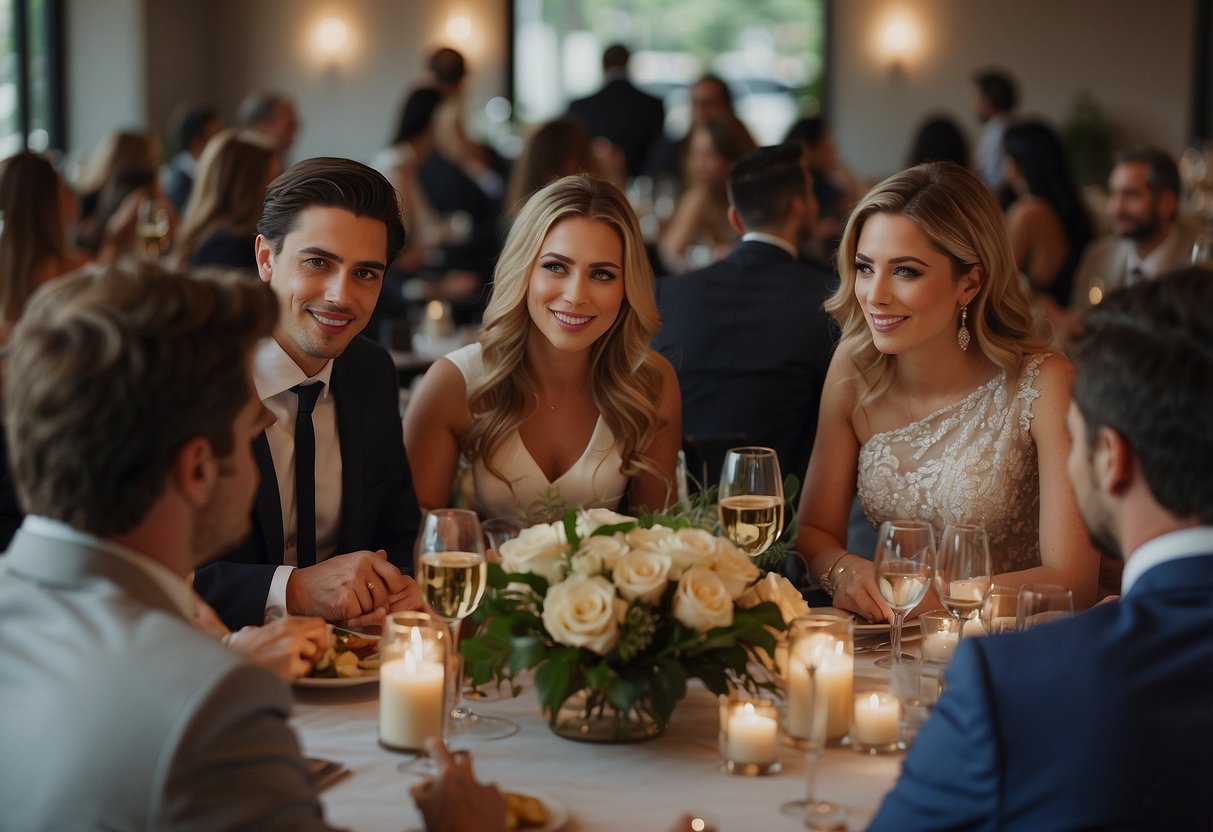 A group of wedding guests gathered around a table, brainstorming and discussing potential names for their wedding group