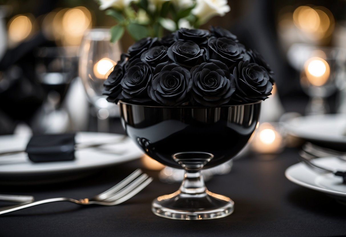 A black onyx crystal centerpiece sits on a sleek, modern wedding table, surrounded by dark floral arrangements and elegant black decor