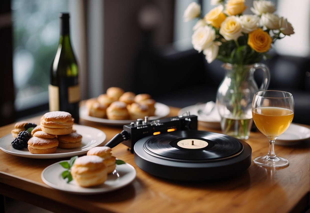 A table set with Italian pastries, wine glasses, and a vintage record player playing love songs