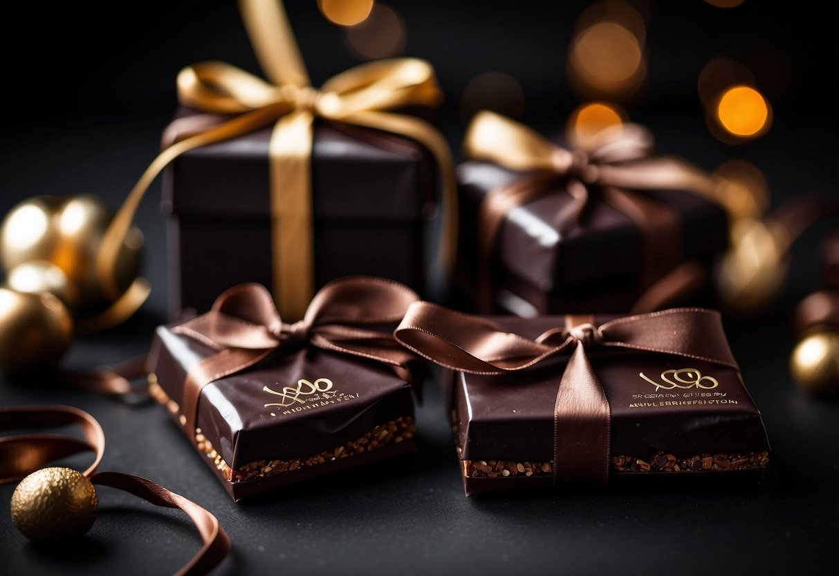 Dark chocolate wedding favors arranged on a black table with elegant packaging and decorative ribbons