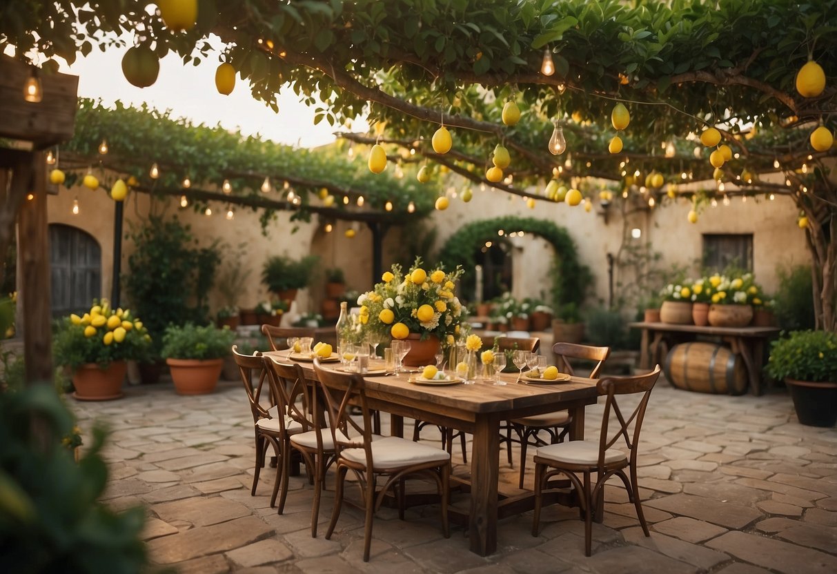 An outdoor garden adorned with string lights, vine-covered pergolas, and tables set with rustic Italian decor. A large lemon tree serves as a focal point, surrounded by vibrant floral arrangements and vintage wine barrels