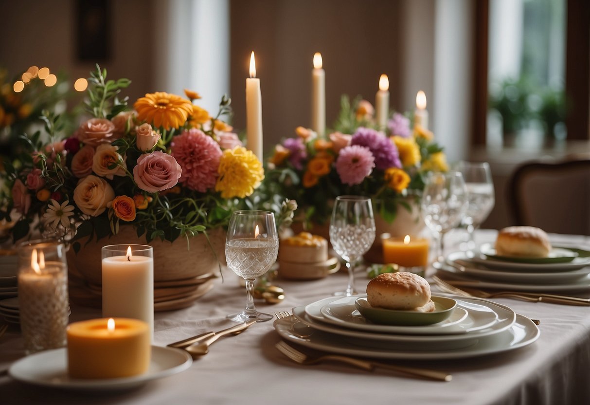 A table set with traditional Italian dishes, surrounded by colorful flowers and candles, creating a warm and inviting atmosphere for a wedding shower celebration