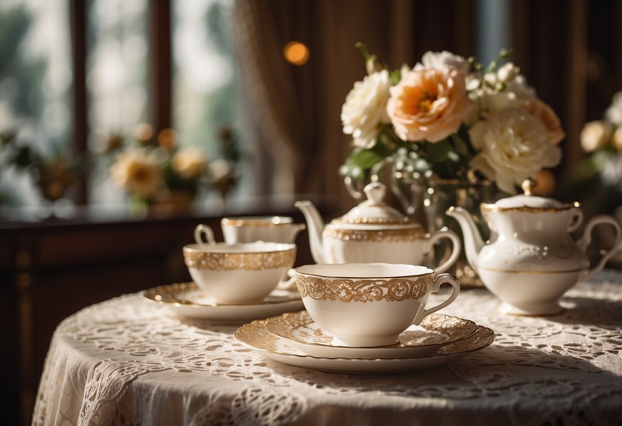 A table set with lace, antique teacups, and floral centerpieces. A vintage chandelier hangs overhead, casting a soft glow on the elegant decor