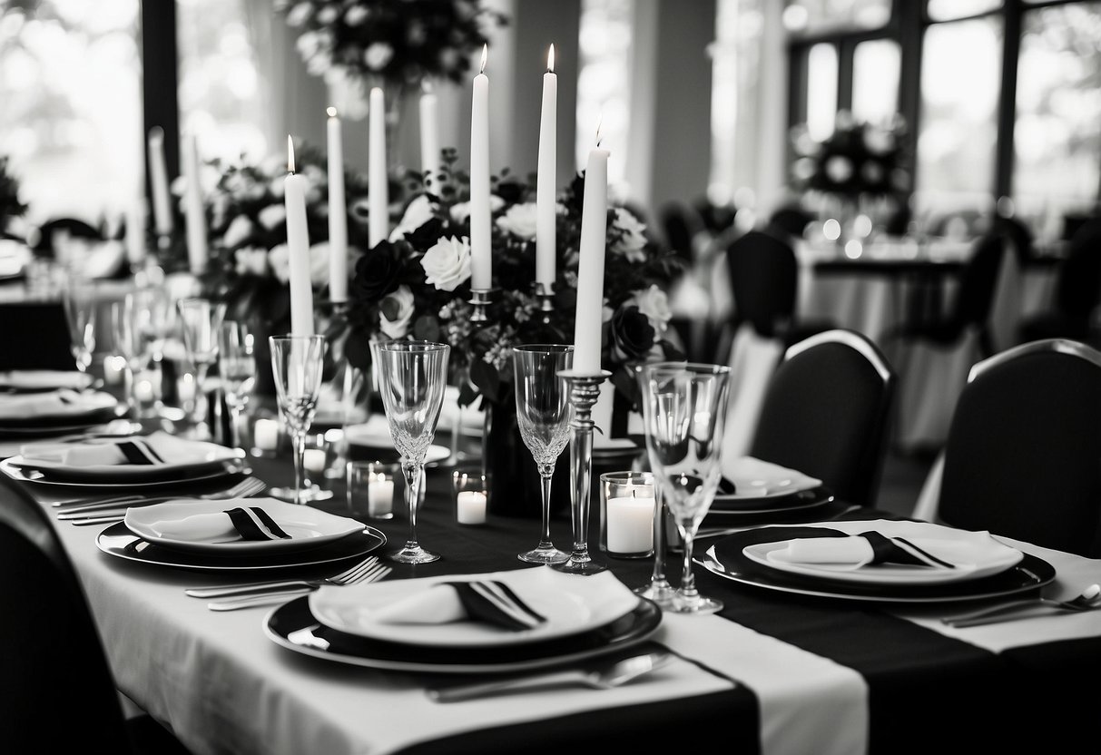 A black and white wedding table setting with elegant floral centerpieces and monochrome place settings