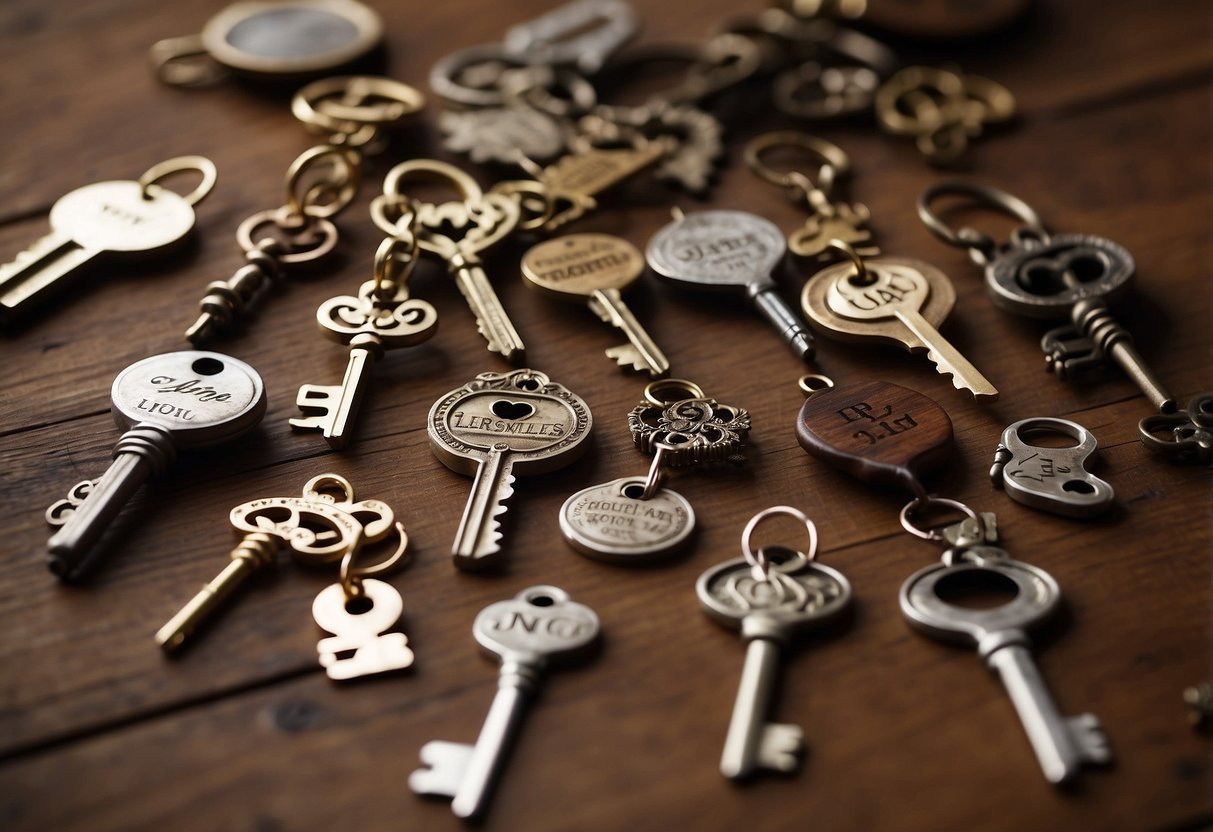 A rustic wooden table adorned with vintage keys of various shapes and sizes, each personalized with the initials of the bride and groom