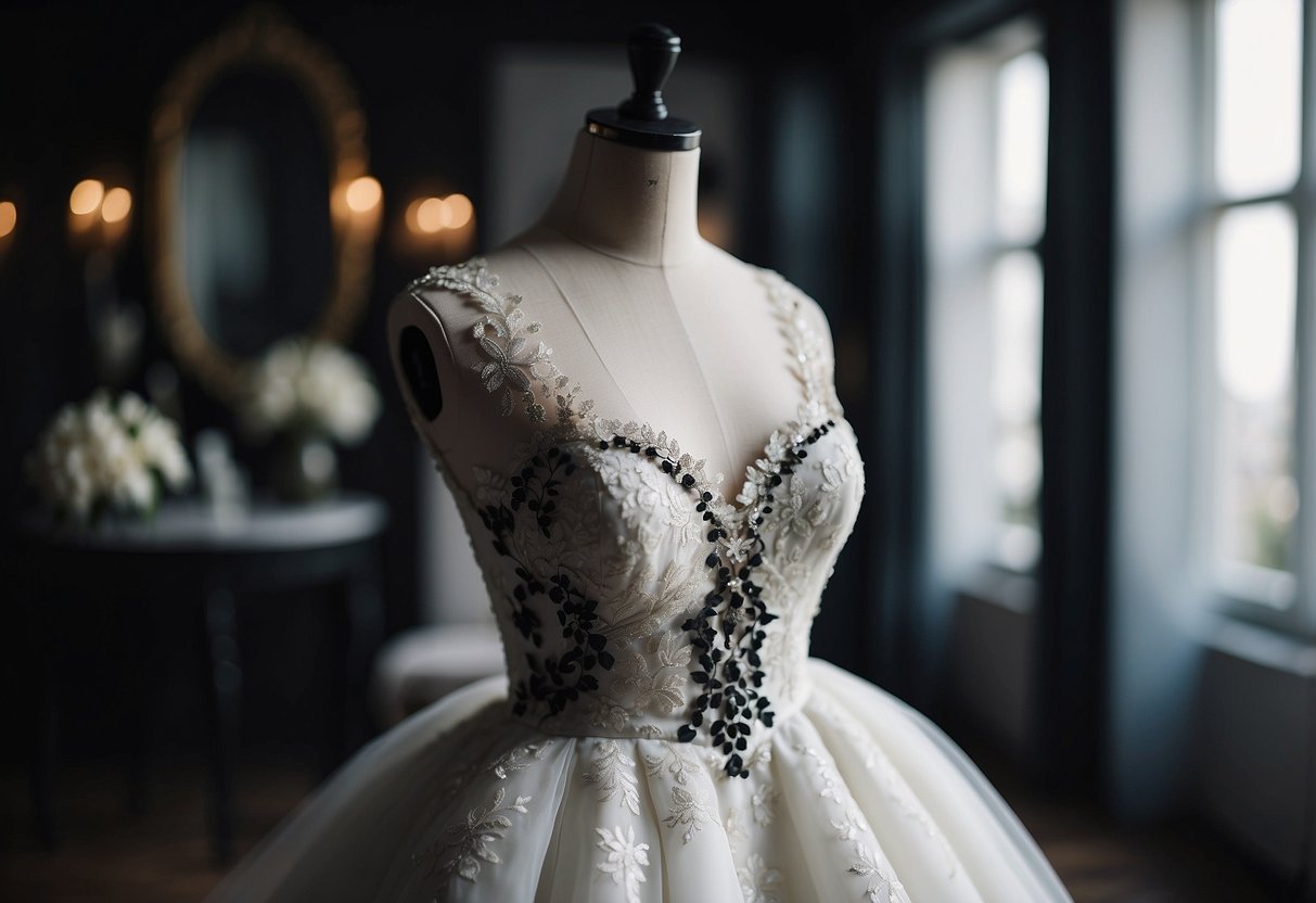 A white wedding dress adorned with black lace, set against a backdrop of black and white wedding decor and accessories