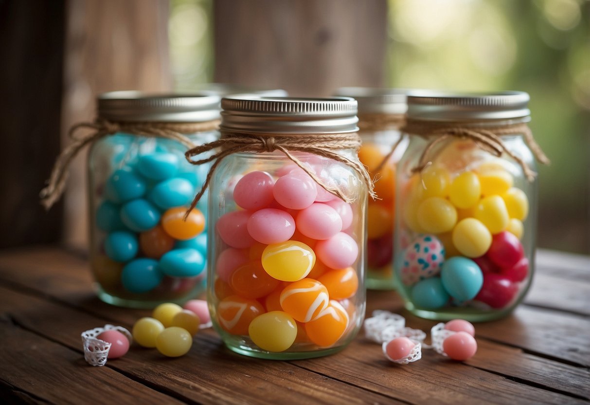 Mini mason jars filled with candies and tied with lace ribbons, displayed on a rustic wooden table at a vintage wedding shower