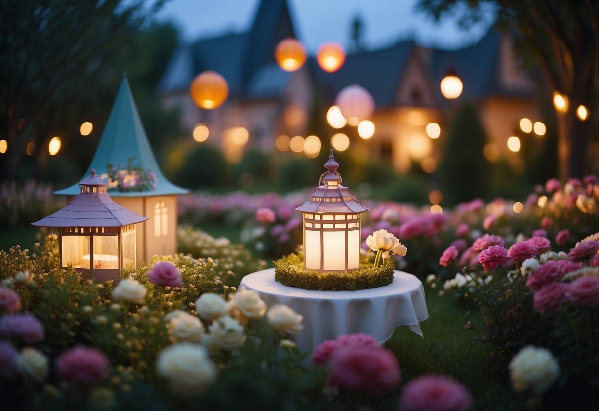 A garden filled with oversized flowers and floating lanterns, with a whimsical cake shaped like a fairytale castle as the centerpiece