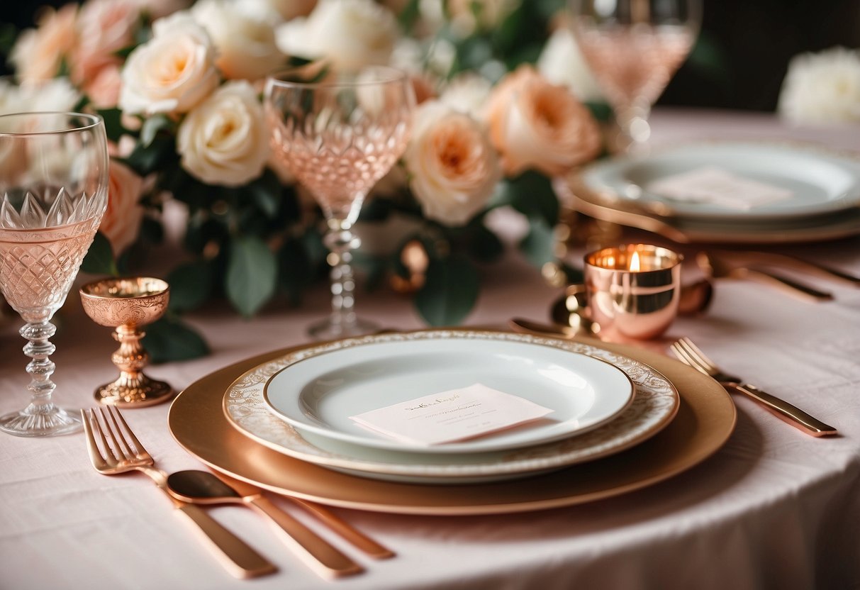 A table set with rose gold invitations, vintage decor, and floral arrangements for a wedding shower