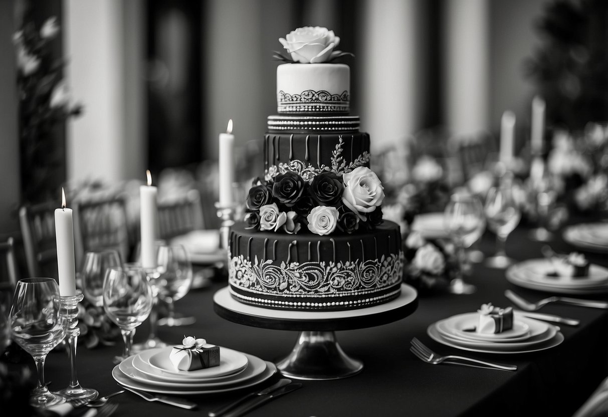 A monochrome wedding cake stands tall, adorned with black and white floral details