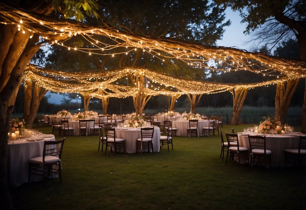 A canopy of fairy lights drapes over an outdoor wedding setting, creating a whimsical and enchanting ambiance