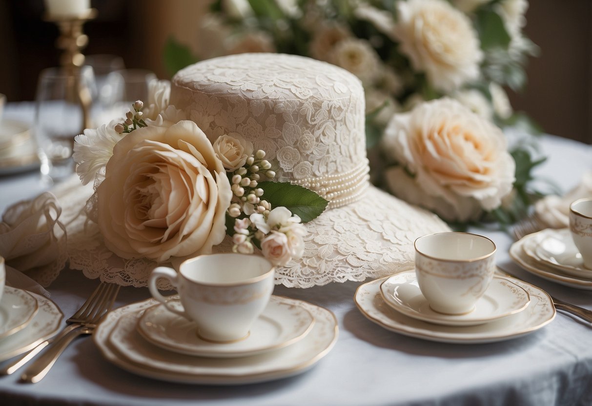 A table adorned with vintage-inspired bridal hats, surrounded by lace, pearls, and floral arrangements for a Victorian-inspired wedding shower