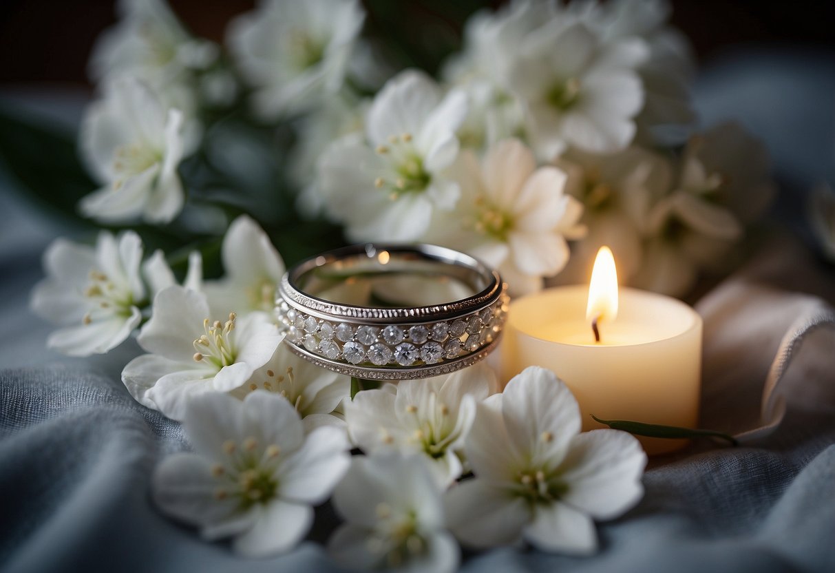 A simple, elegant wedding ring resting on a bed of delicate white flowers, surrounded by soft candlelight and framed by a vintage lace backdrop