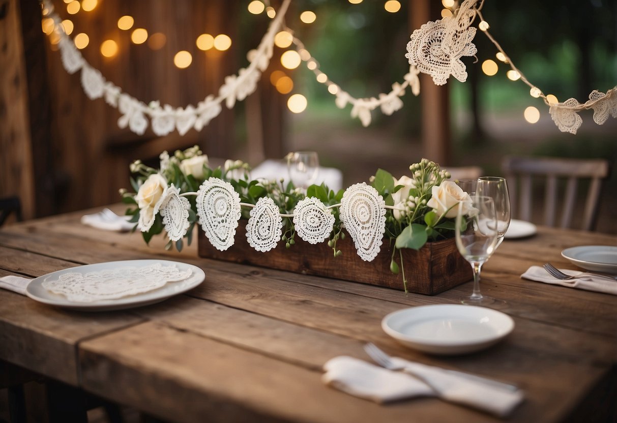 A rustic wooden table adorned with delicate handmade doily garlands, creating a vintage and romantic atmosphere for a wedding shower celebration