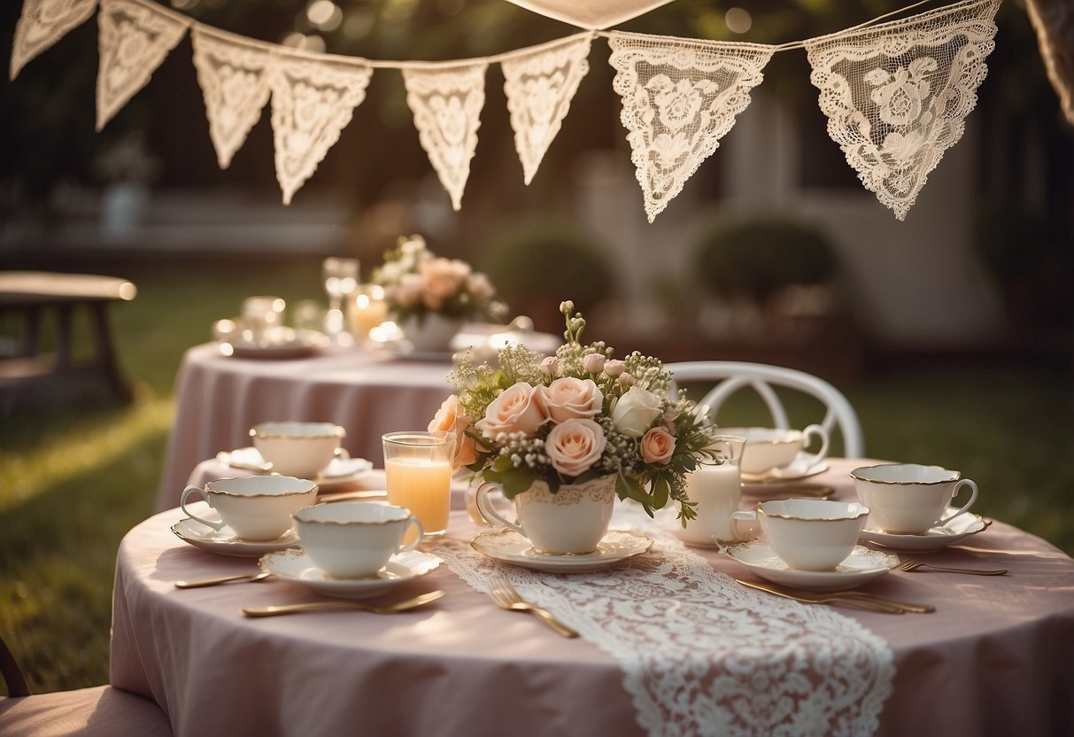 A charming outdoor setting with lace-covered tables, mismatched vintage teacups, and floral centerpieces. Bunting and fairy lights add a whimsical touch