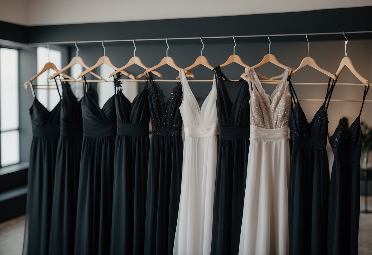 Black bridesmaid dresses stand against a backdrop of black and white wedding decor, creating a sophisticated and elegant atmosphere