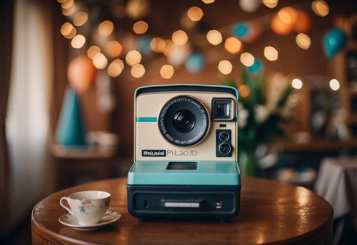 A vintage Polaroid photo booth at a retro wedding shower, with colorful props and a decorative backdrop