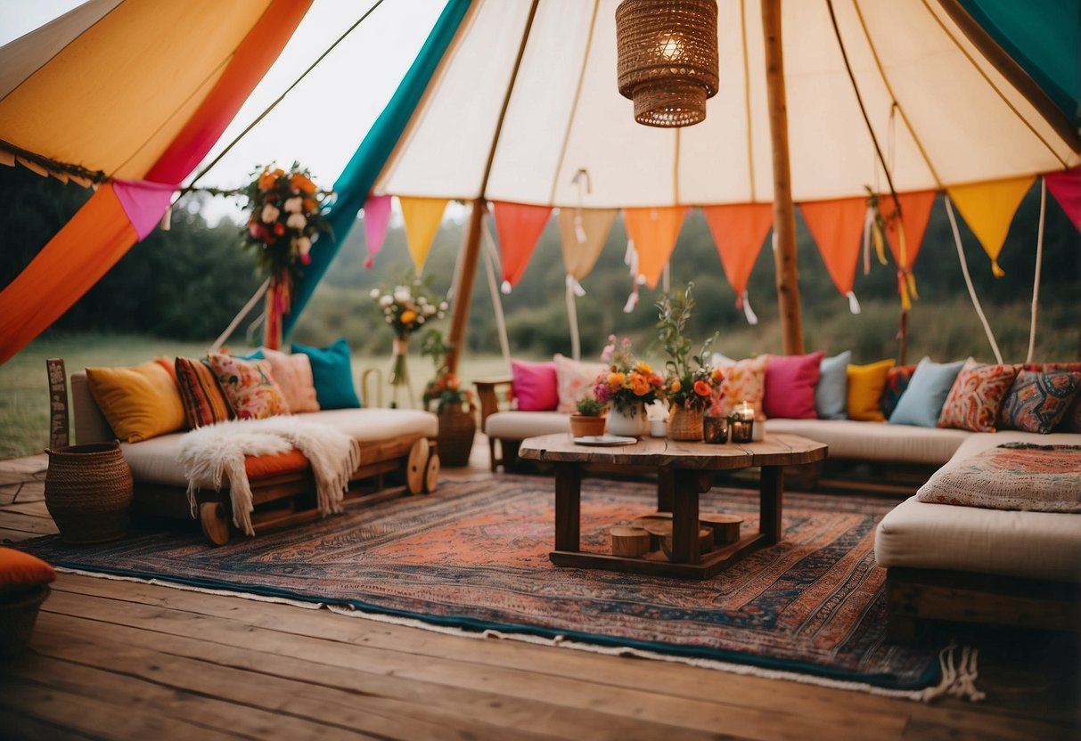 A colorful tipi lounge with cozy seating, vibrant rugs, and hanging lanterns creates a whimsical atmosphere for a bohemian wedding