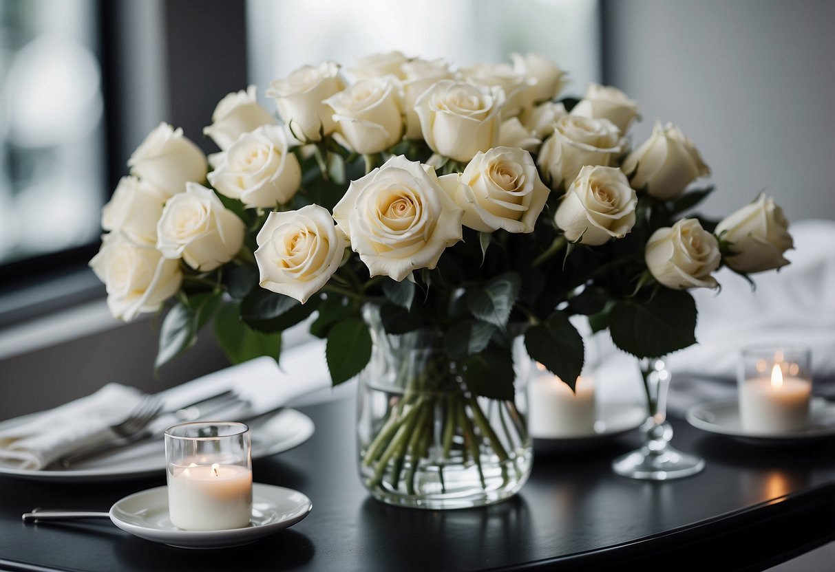 A bouquet of white roses sits on a black and white table, surrounded by elegant wedding decor