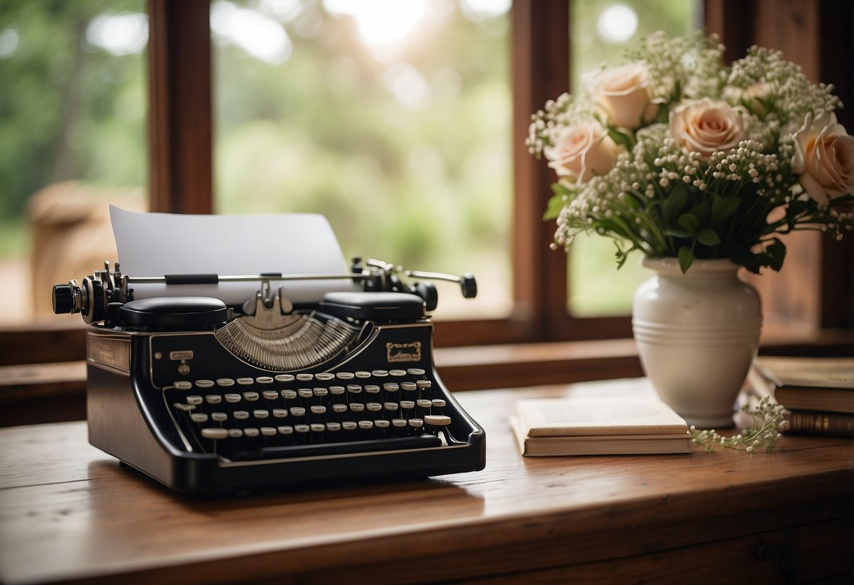 A vintage typewriter sits on a wooden table, surrounded by delicate lace and floral decorations. A sign invites guests to leave their well wishes in the guestbook