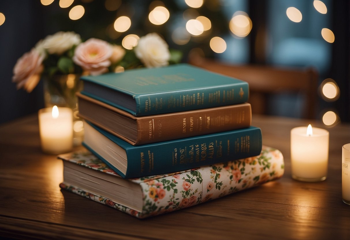 A colorful stack of personalized storybooks sits on a vintage table, surrounded by delicate fairy lights and floral arrangements