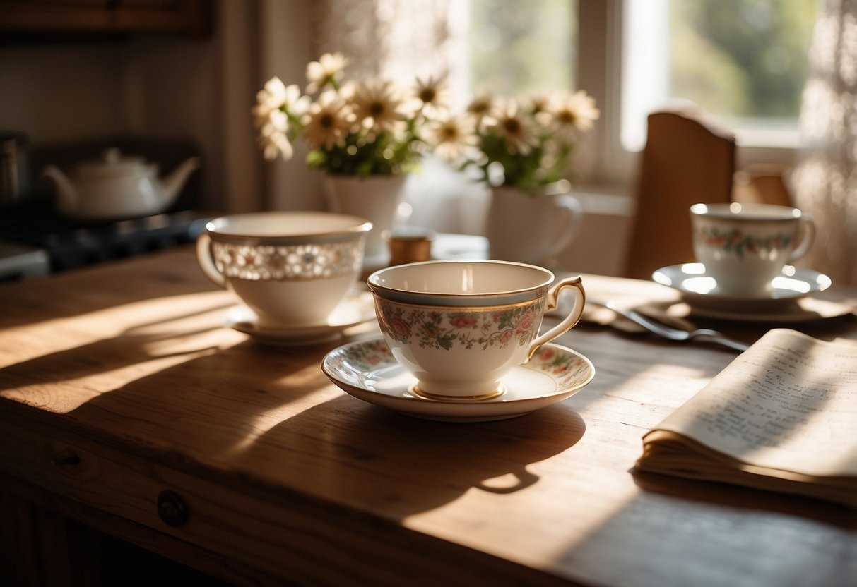 Vintage kitchen table with recipe cards, antique mixing bowls, and floral tea cups. Sunlight streams through lace curtains onto the heirloom recipes