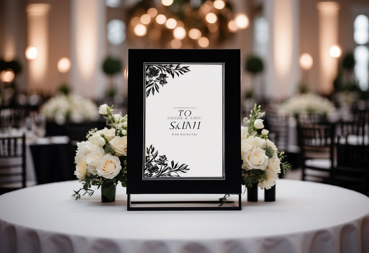 A sleek black and white sign stands against a backdrop of elegant wedding decor, featuring monochrome floral arrangements and minimalist table settings